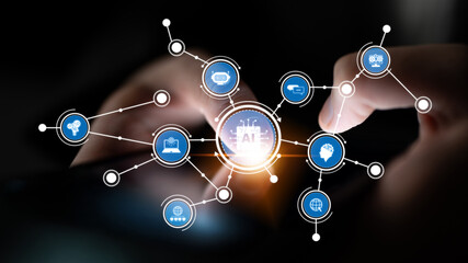 A close-up view of hands interacting with a digital interface representing artificial intelligence. The graphic highlights network connections and innovative technology concepts. Tessel