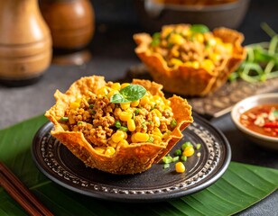 Savory dish in edible bowl, corn, meat, & herbs on banana leaf, warm lighting, closeup, & out-of-focus backdrop