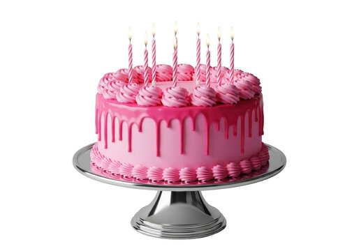 luscious pink birthday cake with intricate frosting, glossy drip glaze, and seven lit striped candles on a silver stand against a gray studio background, concept of festive elegance and anticipation