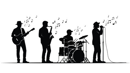 Black silhouette of jazz band musicians performing