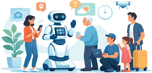 Robots interact with people; icons: location, cloud, drone, clock, weather, question.