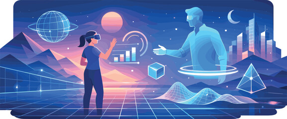Virtual reality interaction with holographic person, graphs, cube, planet, pyramids, cityscape.