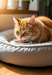 cat lying on the mattress eating its food