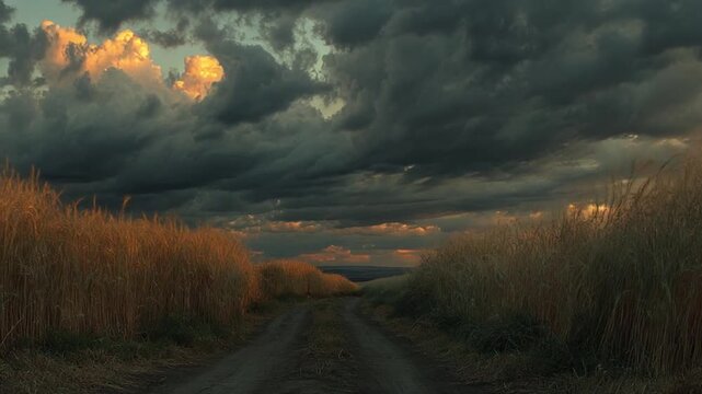 A dirt road bisects a wheat field as storm clouds roll overhead, illuminated by golden light