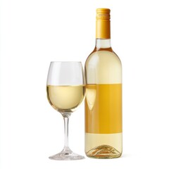 Elegant White Wine Bottle and Glass with Bright Yellow Label on a Simple White Background