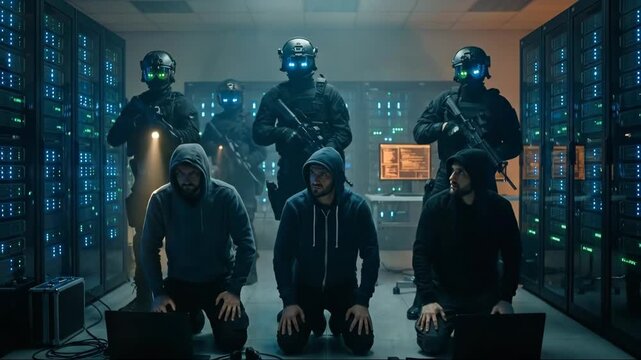 Tactical team detains hackers in a dark server room. Special forces raid with armed men and caught cybercriminals for security operation
