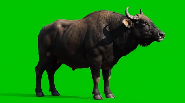 A majestic Gaur bull stands proudly against a vibrant green screen background.