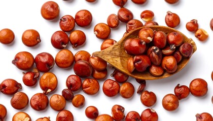 Scattered red quinoa seeds with wooden spoon, lying on white background, high-angle shot, showing texture and detail