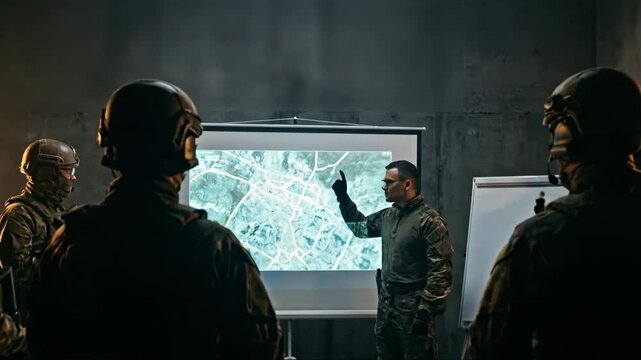 Military briefing of a tactical team. A man commander pointing at a projected map during a dark strategic meeting. Operations planning concept