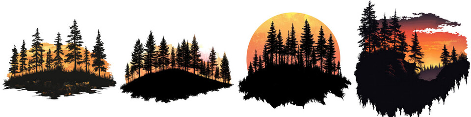 Obraz premium Silhouette of a Sunset Forest Ridge – A dark silhouette of a forest ridge at sunset where the warm hues of the sky contrast against the shadowed trees creating a peaceful serene scene. Isolated on Cle