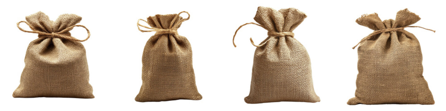 Small burlap seed bag &ndash; A small bag made from burlap often used to hold or store seeds. Isolated on Clear White Background Highly Detailed