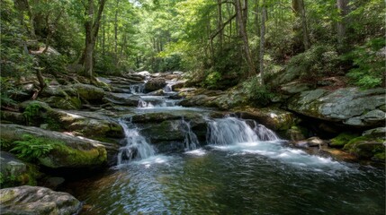 Fototapeta premium Tranquil Stream Cascades Through Lush Green Forest Surrounded by Natural Beauty and Rock Outcrops in a Serene Wilderness Setting