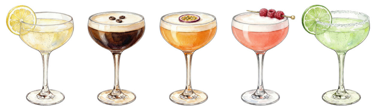 watercolor collection of five classic cocktails in coupe glasses, isolated illustration