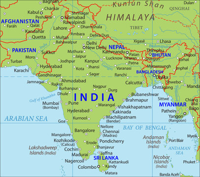 Vector political world map. South Asia with 
India, Pakistan, Bangladesh, Nepal, Afghanistan,
Bhutan, Arabian sea, Bengal Bay, New Delhi, 
Sri Lanka, Colombo, Kabul, Dhaka, Islamabad.