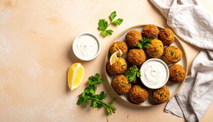 Plate of delicious crispy falafel balls with tahini sauce, fresh lemon, and parsley on a light orange textured background.