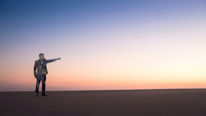 朝日夕日の中の都市オフィスで進路を指し示すビジネスパートナーリーダーの選択した進む未来