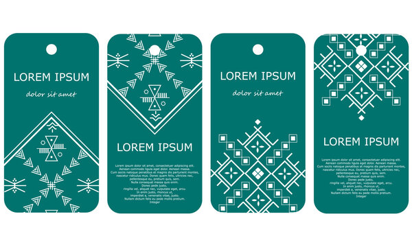 Boho Berber card designs. Ethnic ornate tags with embroidered flower patterns. Rustic vintage Geometric hangtag templates design set. EPS 10 vector illustration.