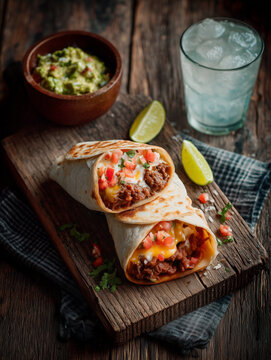 Mexican burrito with beef, cheese, pica de gallo, guacamole and lime