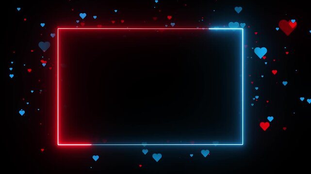 Glowing blue and red neon rectangle border frame animated on black background with floating heart particles. Neon rectangular frame loopable. Neon lines frame animation.