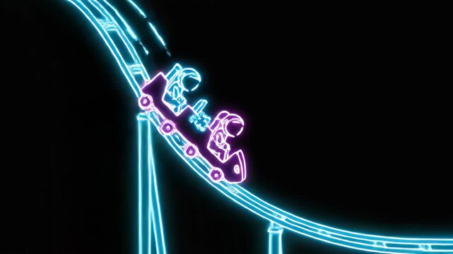 Neon Roller Coaster Cars Race on Glowing Night Tracks.