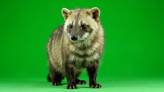 A coati stands on a green background, looking directly at the camera.