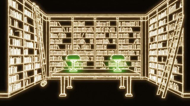 Neon Outline Library Interior with Desk and Chairs.