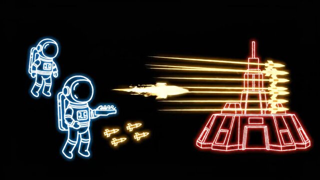 Neon Astronauts Launch Neon Attack on Rocket Base in Explosive Space Scene.