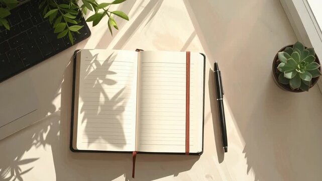 Open notebook with pen, laptop, and plants on a sunlit desk workspace