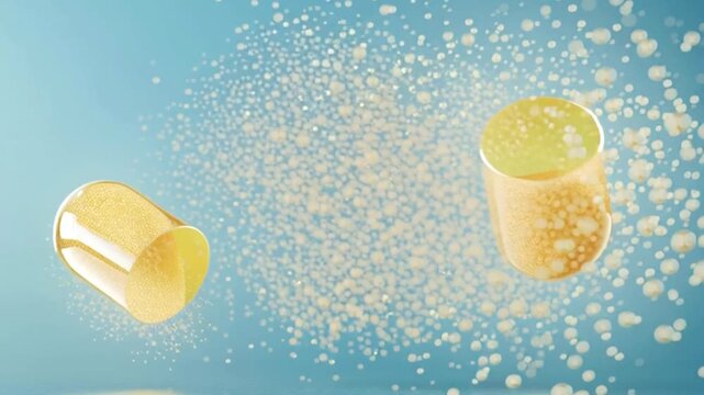 Pharmaceutical capsule opening in slow motion, releasing its active ingredient granules, showcasing the inner workings of a modern drug delivery system against a clean blue background