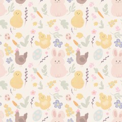 Obraz premium Easter seamless pattern with cute bunnies, chicks and hens. Hand drawn spring digital illustration.