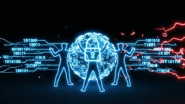 Neon Holographic Figures Defend Data With Lock Shield.