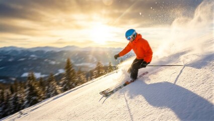 Naklejka premium Man skiing down snowy mountain slope creating powder spray. Action winter sport activity, downhill skiing at sunrise or sunset concept