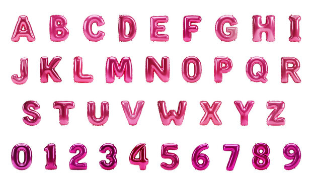Shiny pink balloon alphabet letters and numbers for festive decorations and graphic design