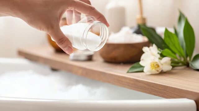 Hand pouring luxurious bath salts into a relaxing bubble bath