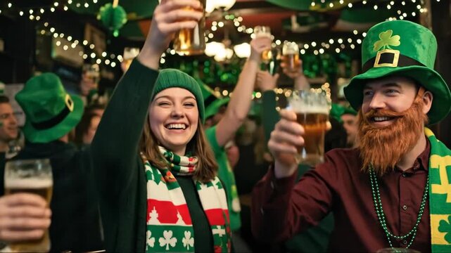 Woman and man celebrating St. Patrick day in a pub environment, toasting with beer mugs and smiling