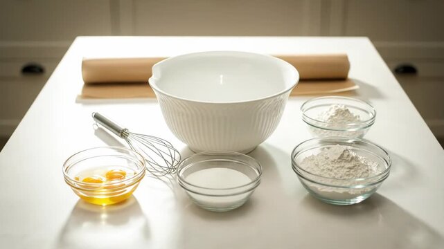 Baking ingredients magically appear on a clean white kitchen counter. Essential items for a delicious recipe are ready for preparation.