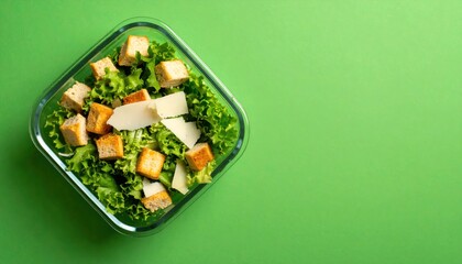 Freshly made Caesar salad in clear glass bowl on vibrant green background, angled view
