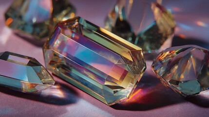 Iridescent crystals arranged artfully on purple surface with colorful reflections and shadows