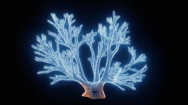 Glowing tree-like structure, illuminated with blue and white lines against a stark black backdrop