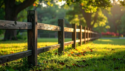 Serene landscape Wooden fence traverses sun-drenched meadow, trees casting shadows, evoking peaceful rural setting