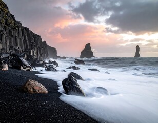Scenic black sand beach with basalt columns and sea stacks under a pastel sunrise sky