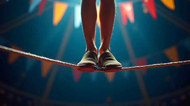 Close-up of a tightrope walker's feet balancing on a rope in a circus arena with colorful flags. Dangerous acrobatic performance.
