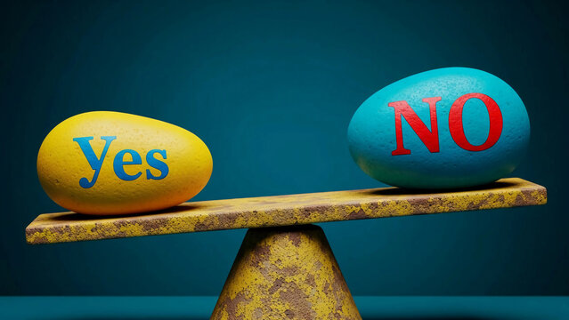 Yellow yes and blue no words on a balance scale. Conceptual representation for decision or choice. Making an important choice or weighing options.