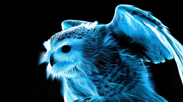 A glowing blue owl, stylized against a black background. Feathers and details appear as vibrant lines