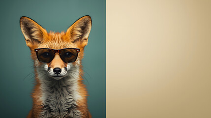 Obraz premium A cool fox wearing stylish sunglasses against a split teal and beige background. Funny animal character. 