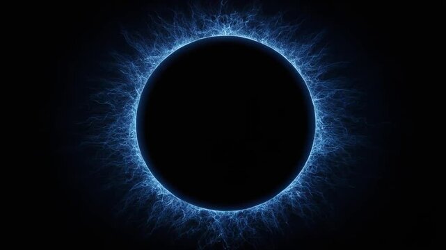 A dark, circular void surrounded by intricate, glowing blue energy, radiating outward