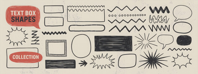 Crayon drawn text box collection. Rectangle and round shapes with pencil sketch texture. Vector ink illustration. Grunge crayon outline text boxes for notes. Hand drawn texture doodle shapes