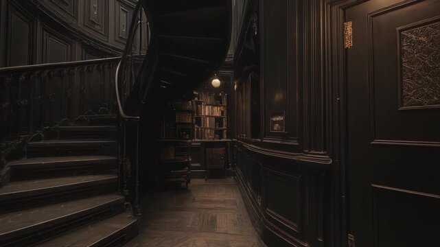 Dark, elegant interior with curved staircase. Bookshelves in the distance. Ornate panels and a doorway