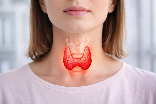 Thyroid gland health concept with visual illustration on a woman's neck, endocrinology, hormonal balance, diagnosis, treatment and prevention of thyroid disorders.