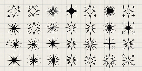 Collection of hand-drawn star doodles. Stars in various shapes and sizes. Star illustrations on grid background. Simple, artistic star doodles for design. Element vector set. 